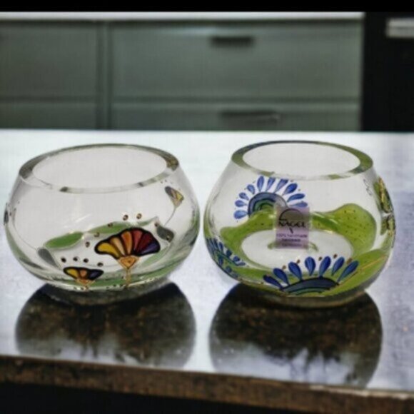 Nagel Glass Votive Candle Holders Hand Painted Colorful Heavy Glass Floral Two - Picture 2 of 15